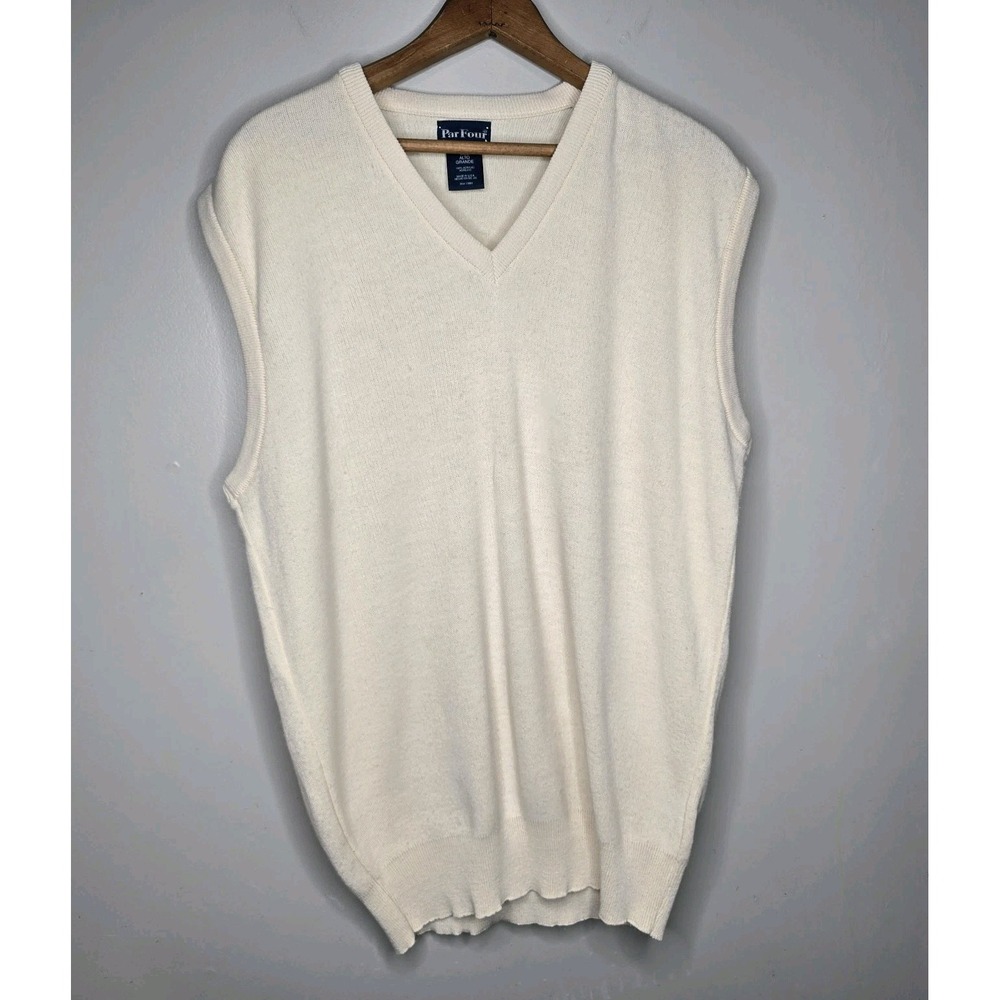 Par Four Mens Vintage V-Neck Sweater Vest Cream Off-White Large Tall Acrylic USA